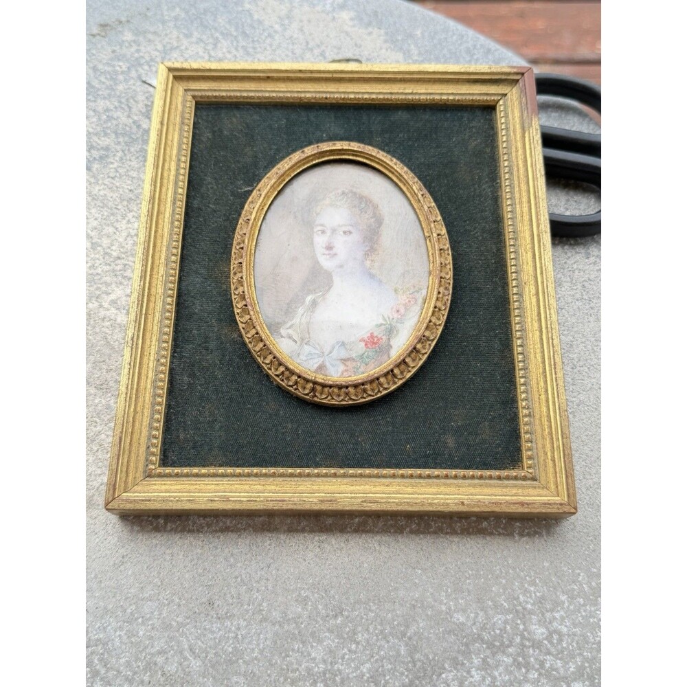 Antique Oval Miniature Portrait Of A Lady In GiltWood Frame